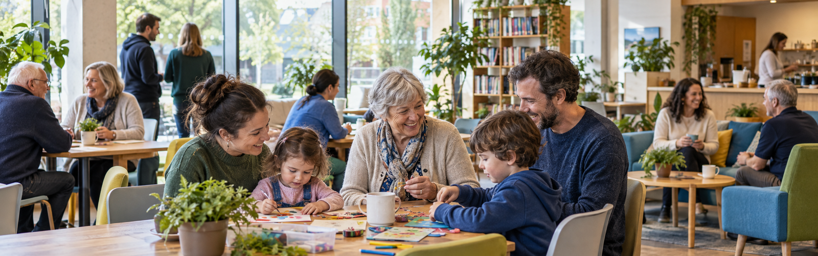 Families and older adults enjoying activities in a Dublin community centre.
