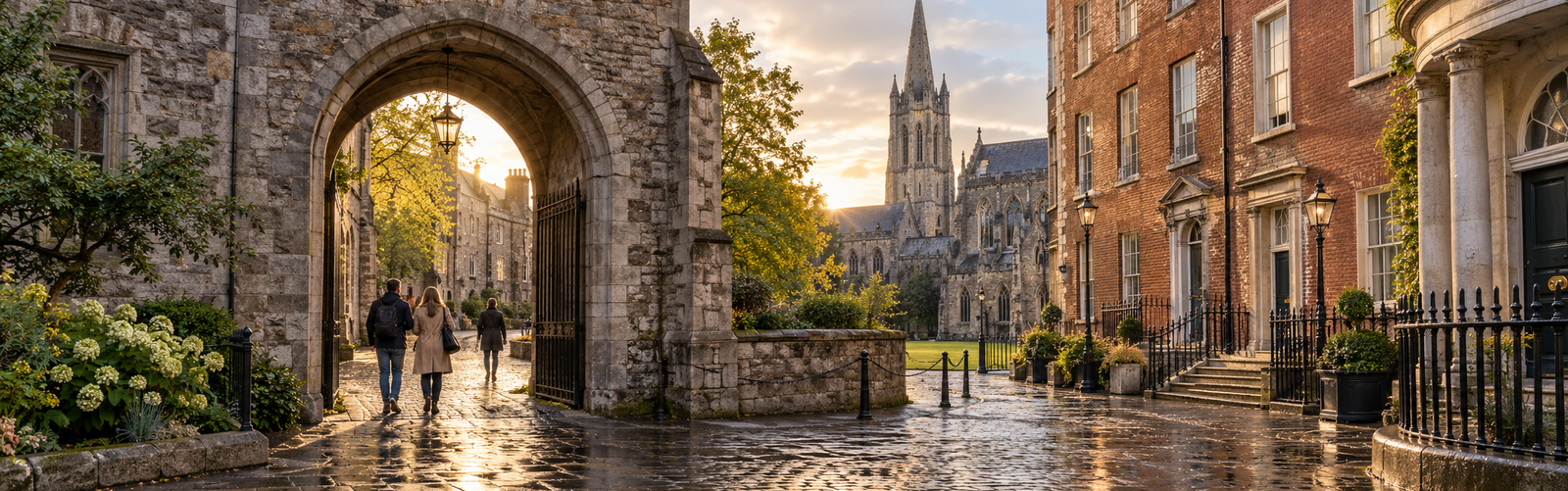 Visitors exploring historic stone and Georgian architecture in Dublin.