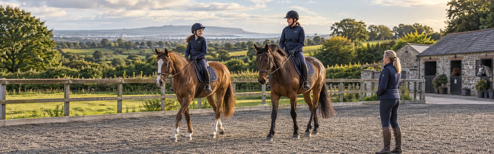 Horse riders with an instructor at an equestrian centre near Dublin.