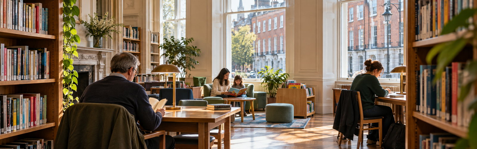 Adults and children reading and studying inside a welcoming Dublin library.