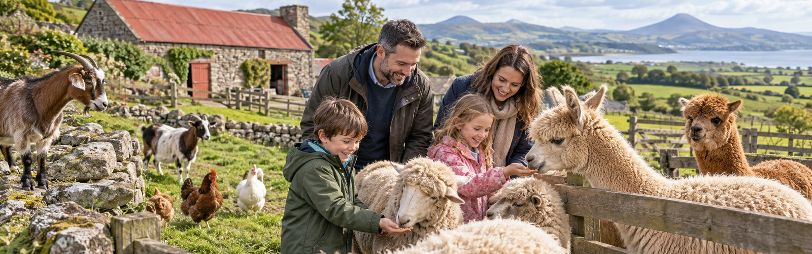 Family feeding sheep and alpacas at an open farm near Dublin